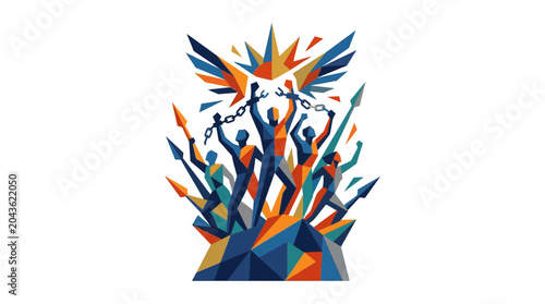 Fotografia Group of diverse people breaking chains and rising together in a vibrant geometric art style