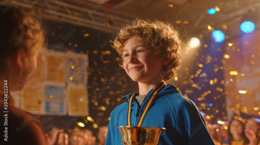 Fototapeta premium Best player moment: young athlete celebrated with trophy and medal after school tournament