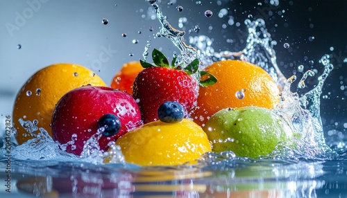 Fresh Fruit Splashing in Water with Droplets.