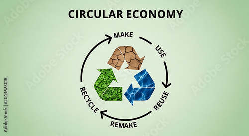 Circular economy concept graphic with recycling symbols and sustainable