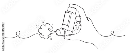Minimalist continuous line art vector illustration of a hand holding a medical inhaler on white background, representing allergy relief and respiratory health concept