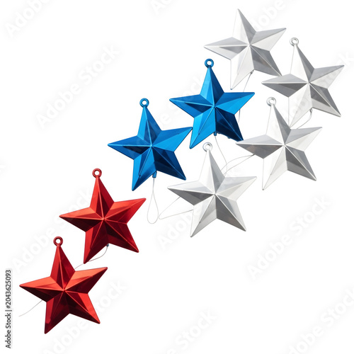 Flying star-shaped paper planes in colorful formation isolated on white background