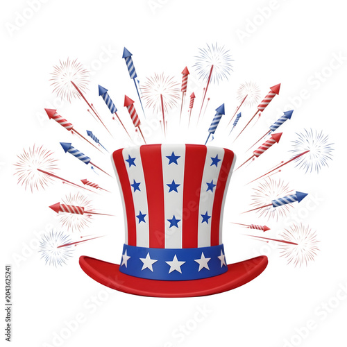 Top hat bursting with colorful fireworks and sparkles isolated on white background
