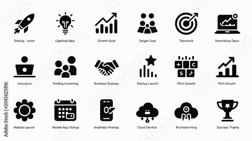 Business startup and entrepreneurship concept icons set for creative agency work project.