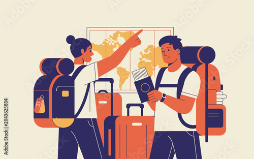 Travelers with backpacks and suitcases looking at map travelers backpacks passport vacation adventure. Vector illustration