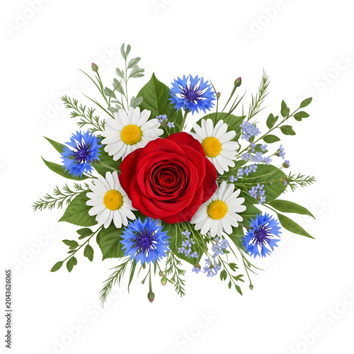 Colorful bouquet of flowers with red rose isolated on white background