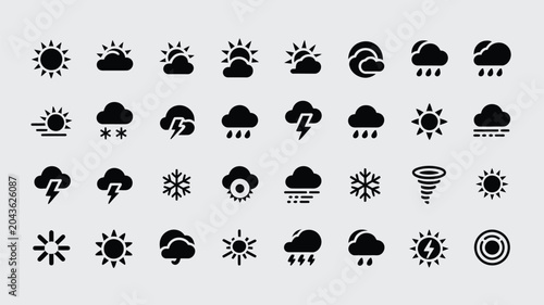 Photos Weather icons depicting meteorological conditions and climate symbols on gray background