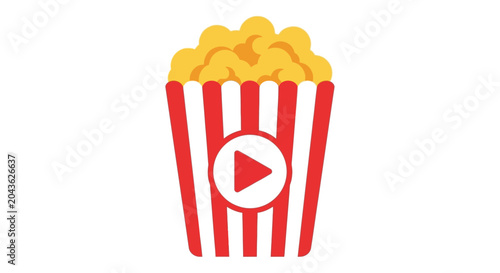 Photos Popcorn bucket with play button icon, flat vector illustration