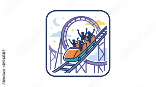 Canvastavla A colorful illustration of a roller coaster ride with excited people