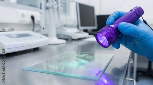 Forensic expert using UV light to reveal hidden traces on a glass surface in a laboratory setting