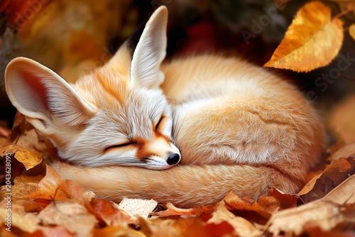 Sleeping fennec fox in autumn leaves