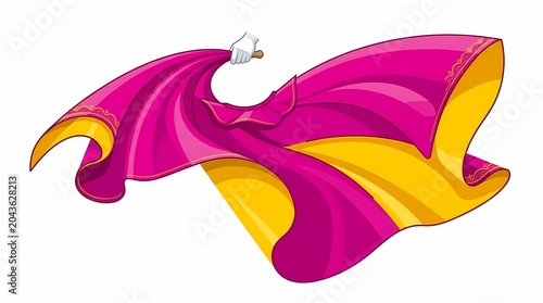 Vibrant magenta yellow bullfighter cape, hand deftly waving, dynamic traditional spanish festival celebration vector illustration.