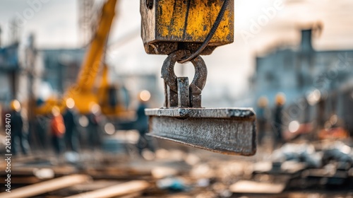 Crane hook lifting metal beam outdoors