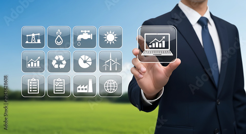 Businessman interacting with digital sustainability and esg icons virtual screen