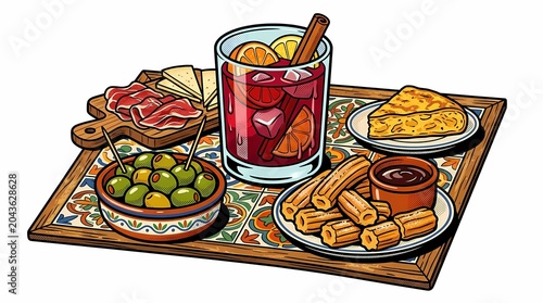 Vibrant hand-drawn illustration depicting a traditional spanish tapas spread, ideal for culinary experience during a festive celebration.