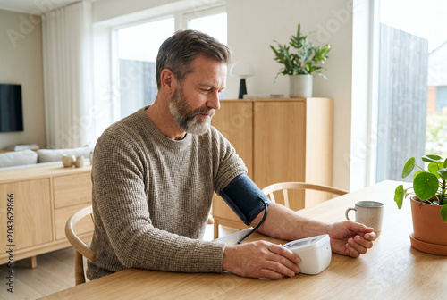 Middle-aged bearded man sitting at wooden table measuring blood pressure with digital monitor in bright modern living room