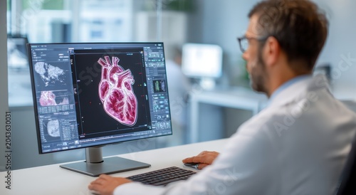 Doctor analyzing a detailed medical scan of a human heart on computer screen in a modern hospital of