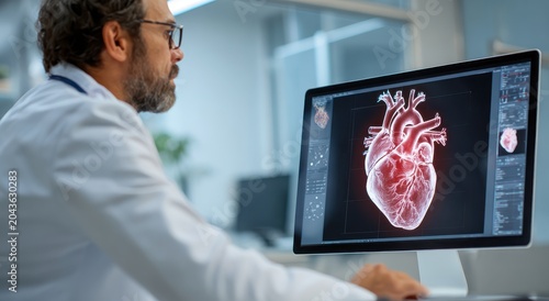 cardiologist analyzing a human heart on a computer screen in a medical office with modern equipment