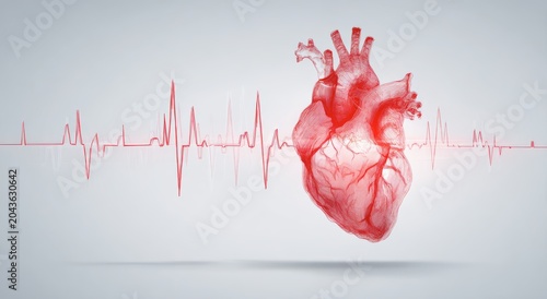 a red heart on a white background with an electrocardiogram cardiovascular system medical concept ec