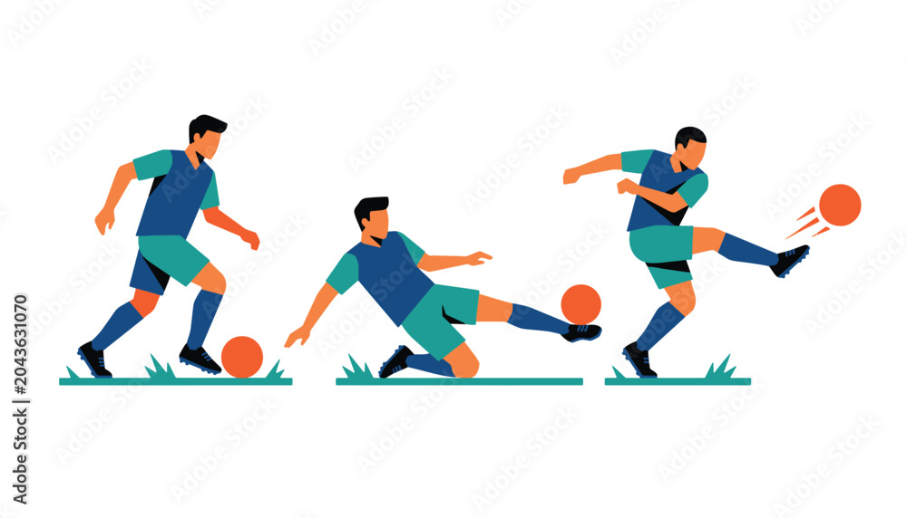Obraz premium Soccer players in action in dynamic poses, kicking and dribbling ball with energy on grass field, dynamic sport illustrations.