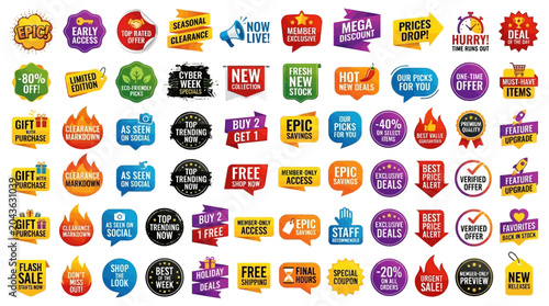 Collection of colorful sale and discount tags, banners, and badges for online shopping promotions