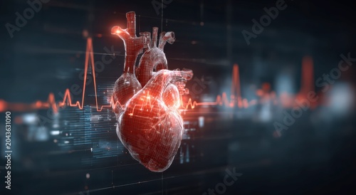 a 3d rendered glowing red heart with a blurred ecg reading in the background with a dark background