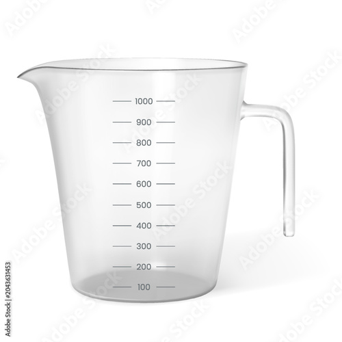 Obraz na płótnie Realistic transparent measuring cup in 1000ml size, 3D empty handle pitcher cont