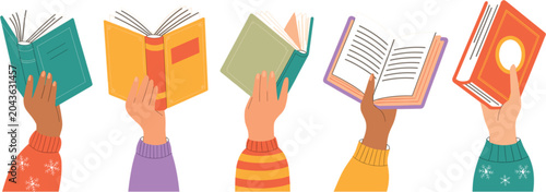 Five diverse hands reaching upward holding various colorful open and closed books against a white background in a flat style with patterned sleeves and solid colors