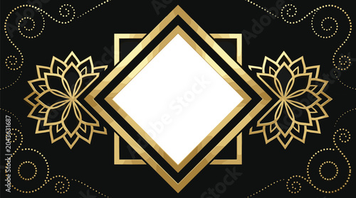 Gold and black geometric frame with symmetrical lotus flower motifs and dotted swirl patterns on a dark background featuring a central white diamond shape for copy space