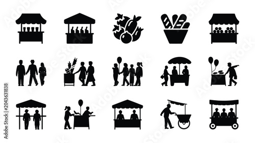 Set of 15 Black Farmers Market and Street Stall Vector Icons