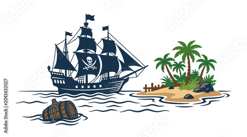 Photos A classic pirate ship sailing near a tropical island with a wooden barrel floating in the water