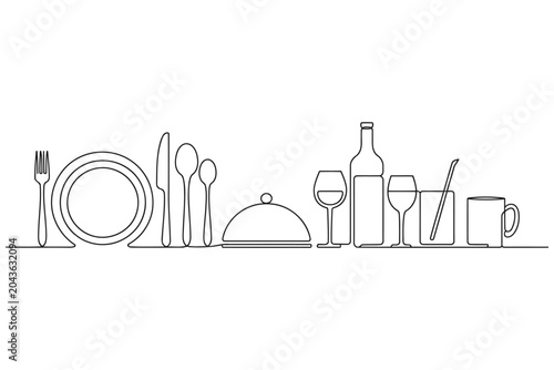 Foto Continuous single line drawing of assorted restaurant tableware and glassware wi