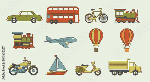 Diverse collection of colorful vintage and modern transportation icons.