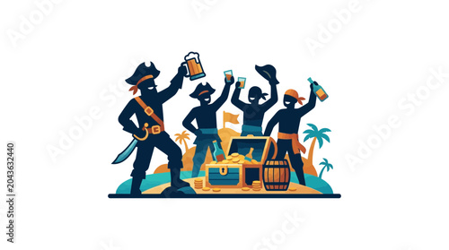 Fotografia Group of cartoon pirate silhouettes celebrating with drinks and treasure