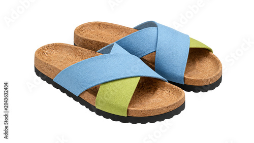 Comfortable Cork Footbed Sandals with Blue and Green Crisscross Straps for Summer Fashion Retail