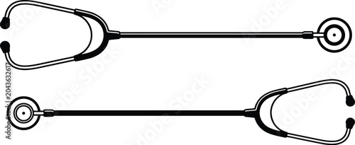 Photos Two black and white line of medical stethoscopes oriented in opposite directions