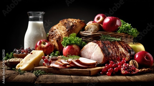 Delicious food composition on wooden table