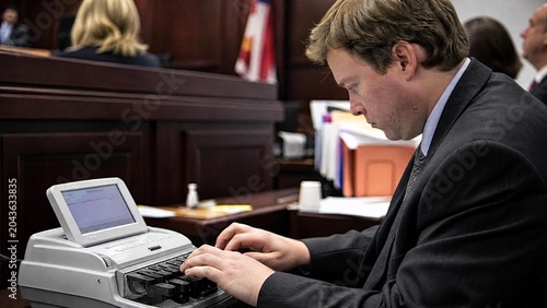 Court Reporter Typing on Stenotype Machine in Courtroom Proceedings