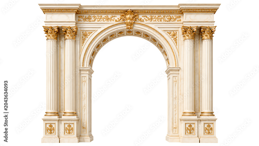 Naklejka premium Luxurious Marble Archway with Corinthian Columns and Gold Ornaments for Premium Architecture Portfolios