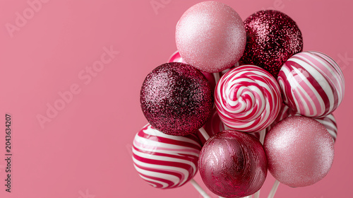 Sweet lollipop bouquet with pink striped caramels and glitter chocolate cake pops on bright pink background with copy space