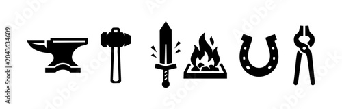 Fotografie Blacksmith Tool Icon Set, Anvil Hammer Forge and Horseshoe Silhouette Symbols Co