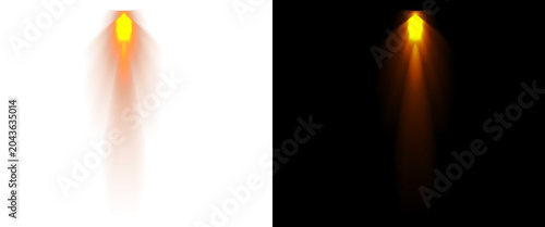 Fotografía Glowing orange rocket fire trail, realistic jet engine flame exhaust on black an