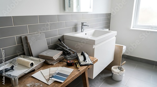 Bathroom renovation with tools.