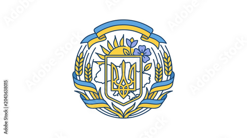 Tableau sur toile Emblem of Ukraine featuring the Tryzub trident symbol surrounded by wheat and blue and yellow ribbons
