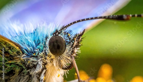 Macro shot of butterfly with blue wings.