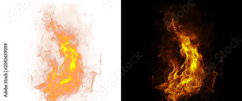 Foto Realistic fire flames on black and white backgrounds, blazing orange fire sparks