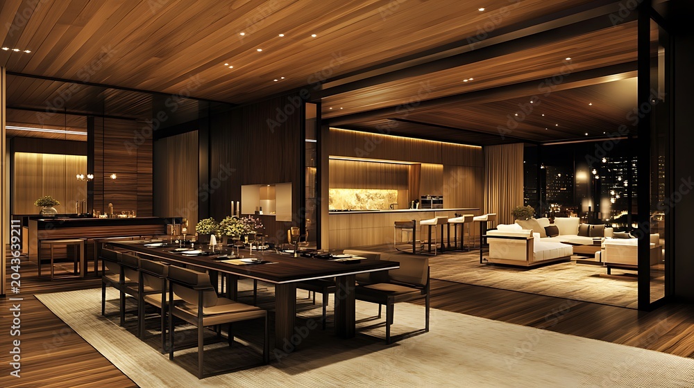 Fototapeta premium Luxury modern openplan dining and living room interior with warm wooden paneling and ambient lighting at night