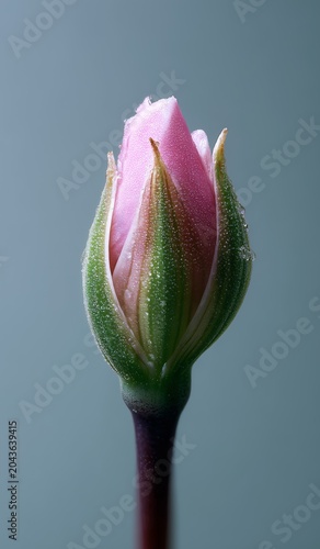 Close-up of a fresh pink flower bud covered in delicate dew drops against a soft blue background.
