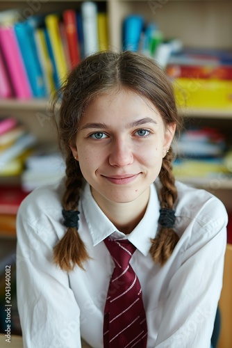 Young girl with braided hair smiling at camera, wearing school uniform, surrounded by colorful books in a classroom.