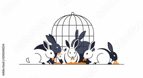 A group of stylized rabbits, some white, some dark, gather around a cage and eat carrots